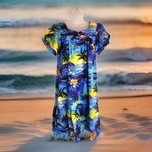 Vintage Blue Hawaiian Sunset Muumuu tropical luau cruise Island Beach Dress L